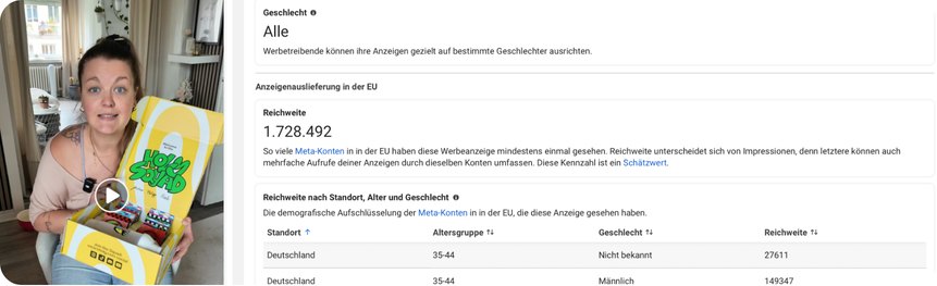 Screenshot Meta Werbebibliothek: HOLY Ad mit 1.728.492 erreichten Konten
